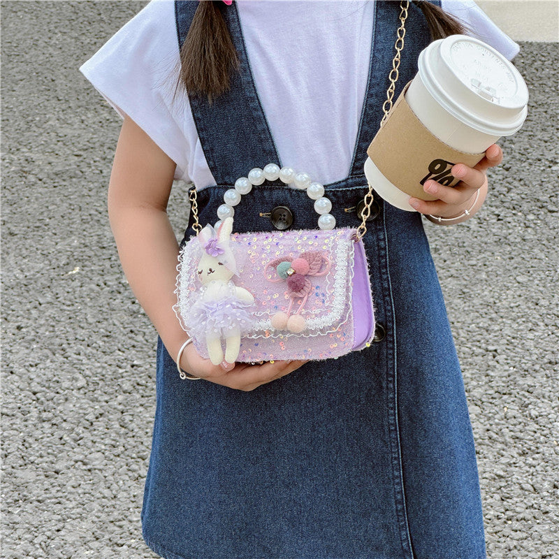 New style children's bag fashion pearl handbag cartoon doll shoulder bag girls chain crossbody bag wholesale 