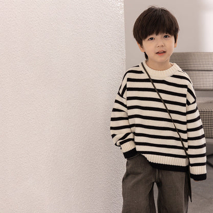 Amo Beibei children's 2023 winter thick warm shoulder button sweater for boys and girls all-match contrast color striped sweater