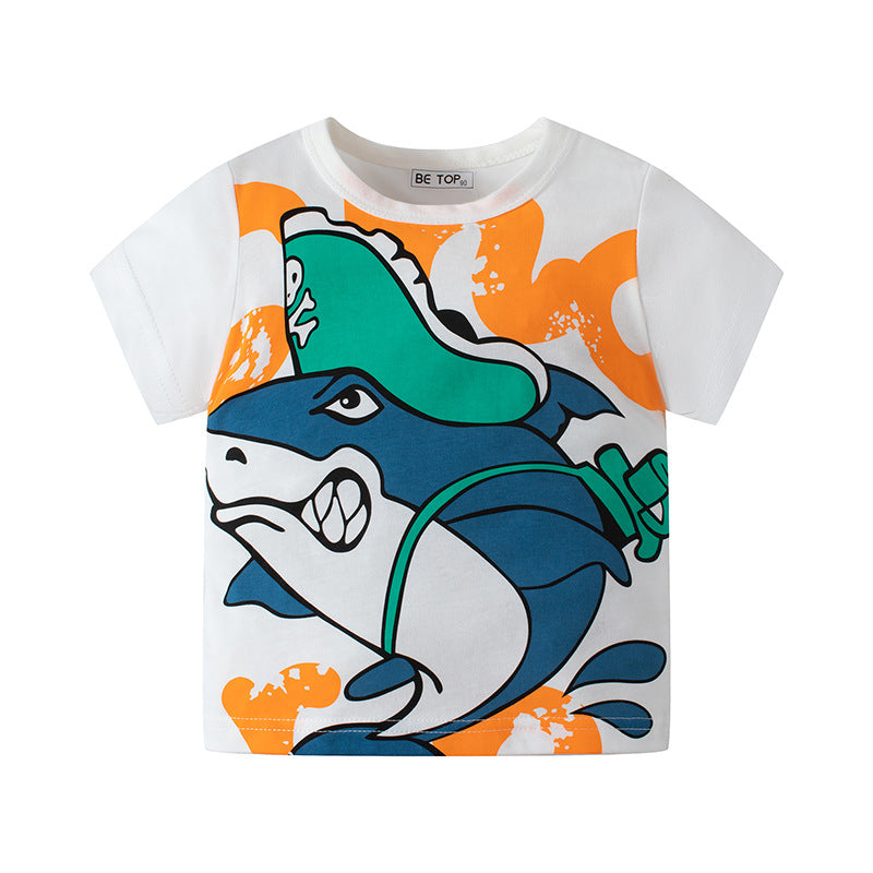 Children's clothing cartoon shark boy sweatshirt summer children's short-sleeved T-shirt pure cotton baby round neck top one piece