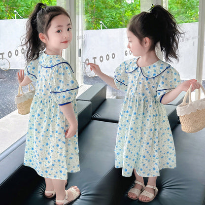 Girls summer cotton dress floral dress cotton princess dress puff sleeve blue middle and large children's pastoral style long dress