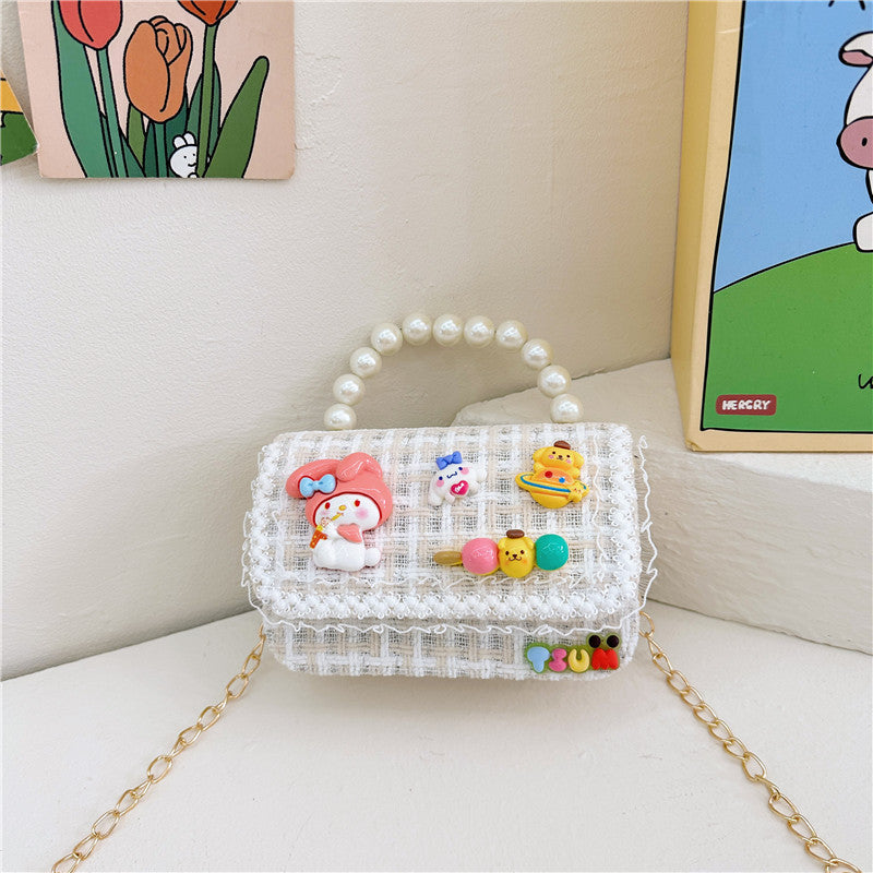 Autumn and winter stylish children's small square bag female fashion girl contrast color chain shoulder bag simple beaded handbag wholesale 