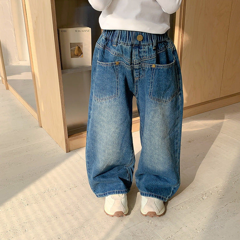 2024 Spring and Autumn Children's Jeans Korean Gradient Boys and Girls Straight Pocket Jeans Baby Fashion Pants