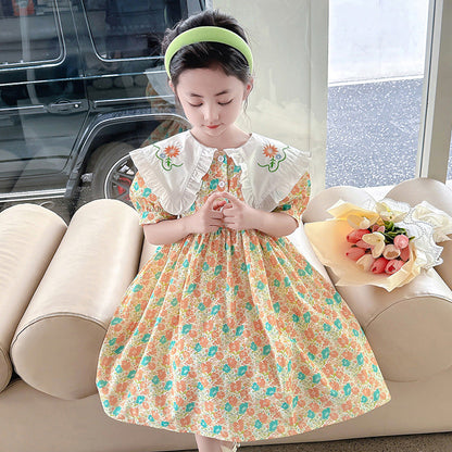 Girls summer floral cotton dress puff sleeves pure cotton pastoral style doll collar small children kindergarten sweet