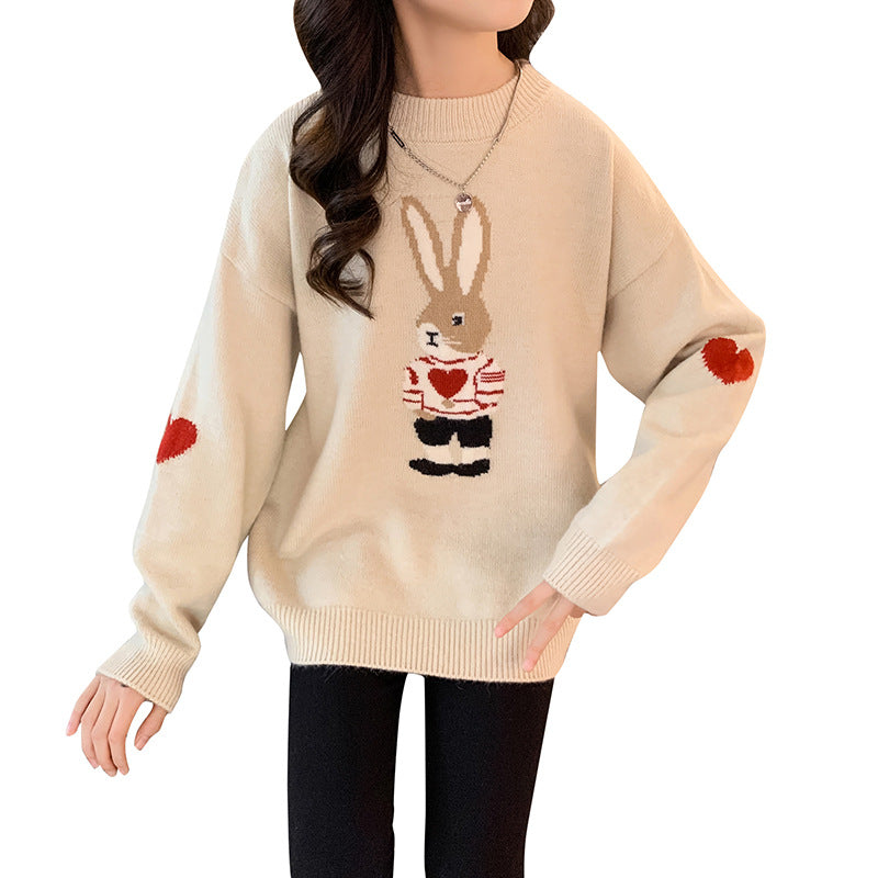 Girls' new winter sweater little rabbit cartoon pullover bottoming shirt outer wear elementary school students kindergarten knitted sweater