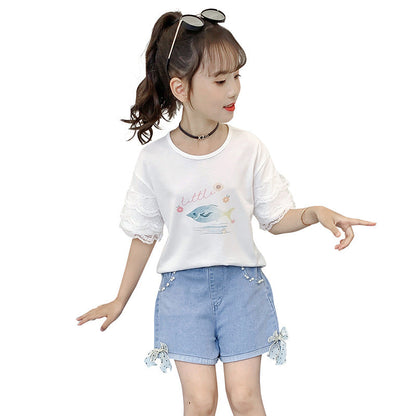 Girls short-sleeved T-shirt 2024 new summer style children's stitching lace top girl cartoon half-sleeved T-shirt