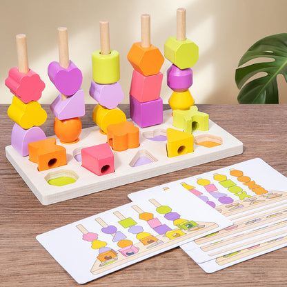 Children's wooden geometric shapes matching color cognition enlightenment beaded five-column set column building blocks educational toys