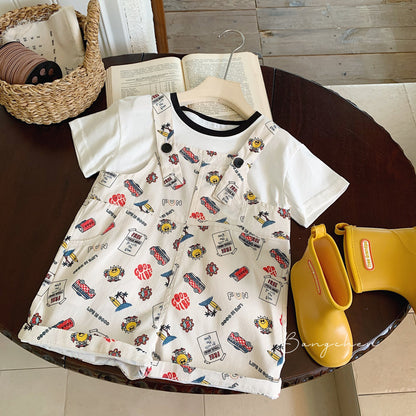 Children's overalls Bangcheng 2024 summer children's clothing cartoon full print casual versatile boys jumpsuit trend G0182