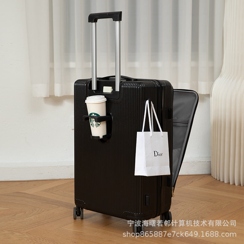 Suitcase with USB interface, front opening trolley case for women, men's fashion cup holder, password suitcase 20 cabin case 