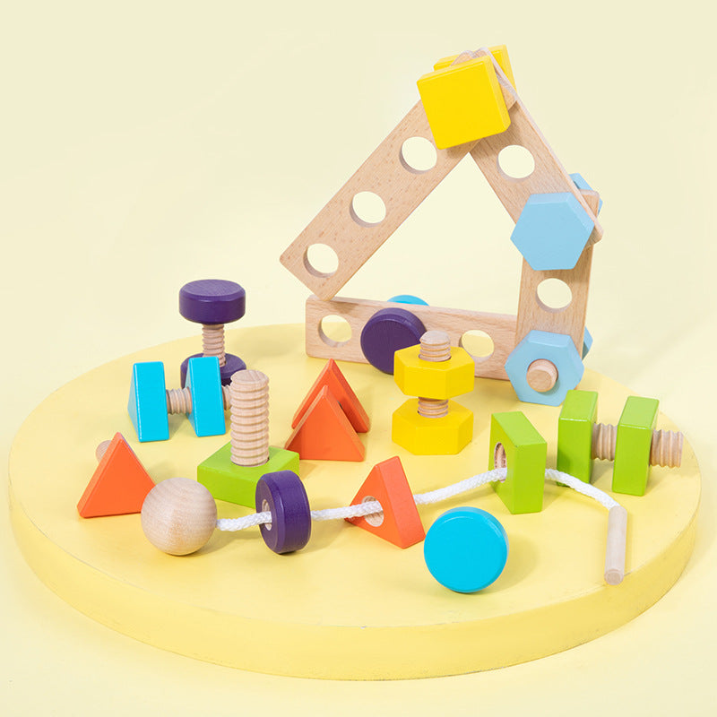 New wooden children's early education simulation screw screw assembly and disassembly geometric shape matching string educational toys