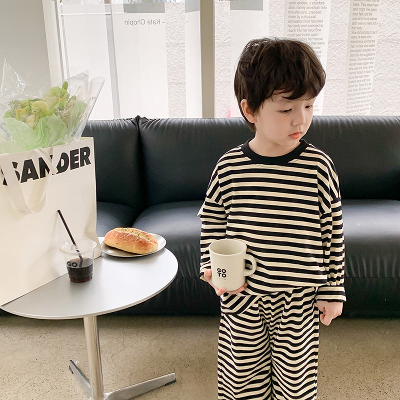 Children's pajamas 2024 spring boys and girls stylish striped home clothes baby pull-up cotton comfortable two-piece pants suit