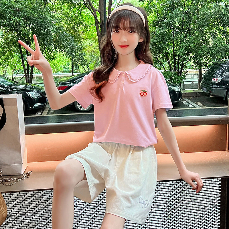 Summer Girls Short Sleeve POLO Shirt Tops Doll Collar Baseball Jacket Tennis Jacket Cotton Middle and Large Children Striped Shirt Sports