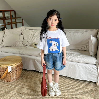 2024 Spring and Summer Boys and Girls Loose Retro Denim Shorts Trendy American Raw Edge Bai Matching Casual Wide Pants Children's Pants