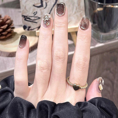 Xiaohongshu bloggers hot recommend nail art wear nail wholesale short ice transparent smudge champagne gold crushed diamond nail stickers finished product