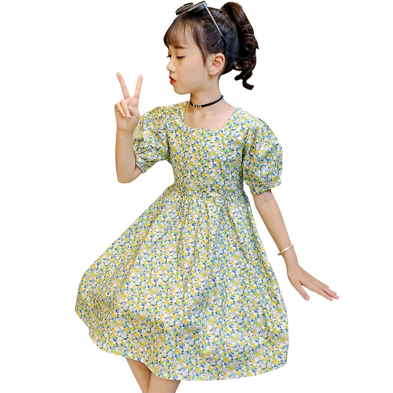 2024 Summer Girls French Sleeve New Dress Square Neck Floral Skirt Short Sleeve Pastoral Look Slim and Trendy