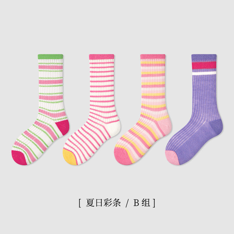 Children's socks 2024 summer boys and girls thin cartoon socks striped boneless mesh cotton socks mid-tube socks 4 pairs