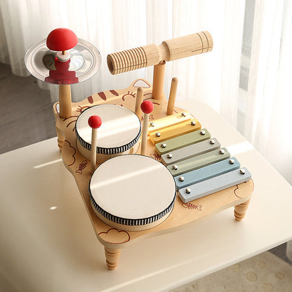 Cross-border children's wooden early education kindergarten baby desktop multi-functional percussion instrument knocking piano and drums educational toys