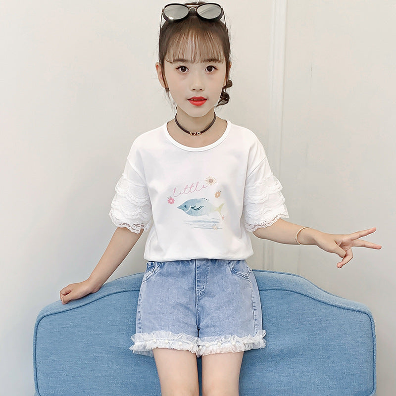 Girls short-sleeved T-shirt 2024 new summer style children's stitching lace top girl cartoon half-sleeved T-shirt