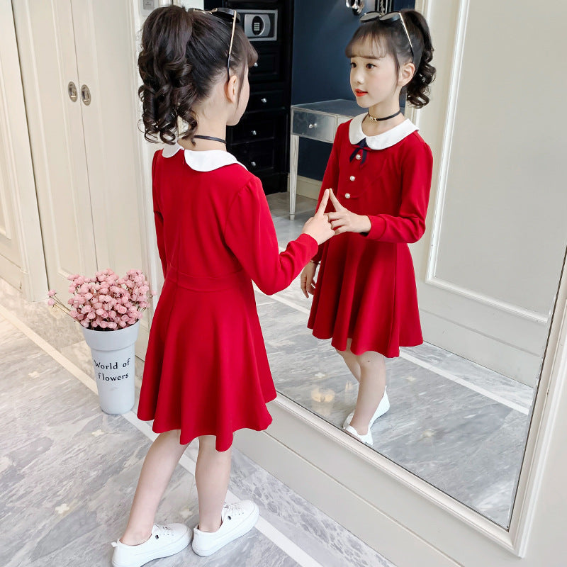 Girls Spring and Autumn Dress 2024 New Style Children's Clothing College Style Doll Collar Long Dress Internet Celebrity Princess Dress