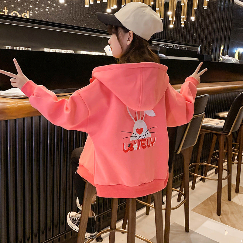 2024 new spring jackets for middle and large children and girls, cardigan, hooded, windproof, loose sportswear, Korean style, street-style, trendy