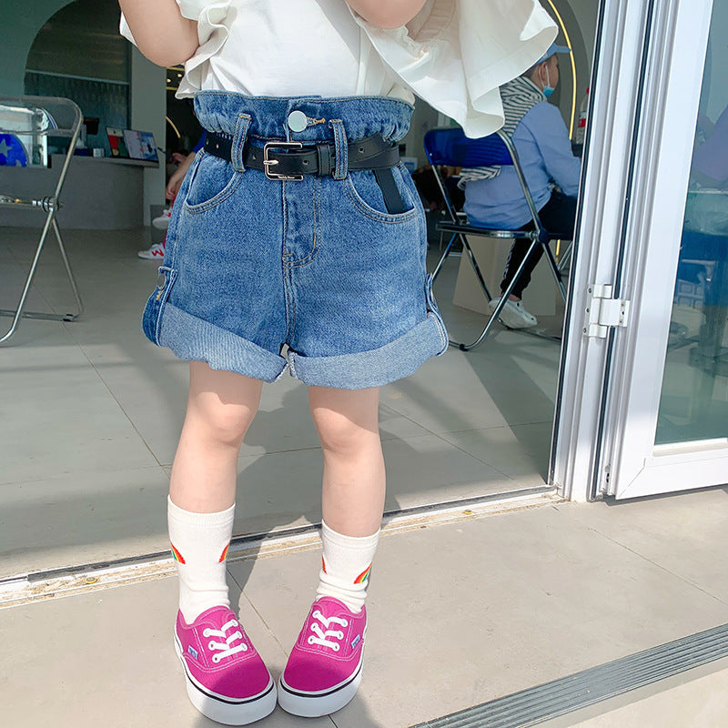 Korean children's clothing 2024 spring new children's shorts girls stylish curled jeans small and medium children's flower bud hot pants