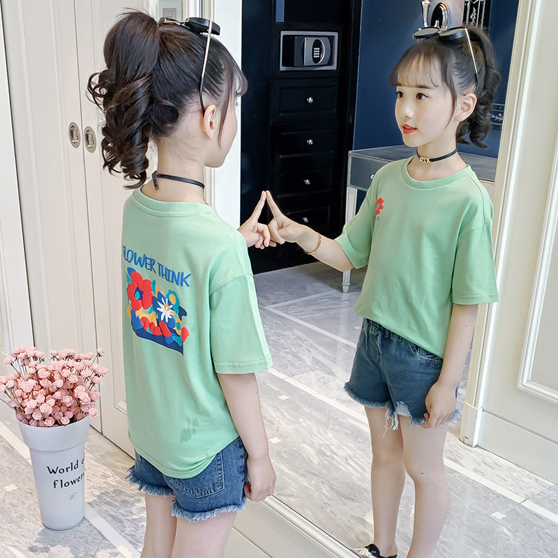 Girls short-sleeved T-shirt summer 2024 new style children's pure cotton tops for middle and large children loose cotton T-shirt