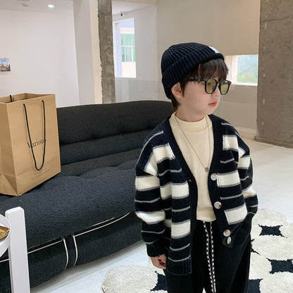 [Clearance Sale] Children's Sweater 2023 Autumn Baby Striped Knitted Jacket Boys Cashmere V-neck Cardigan