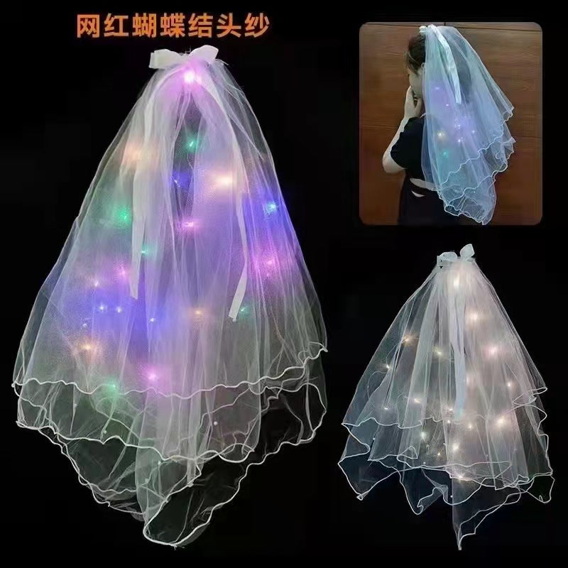 New wedding tassel crown veil soft yarn luminous double-layer certificate veil bow headdress net red certificate photo