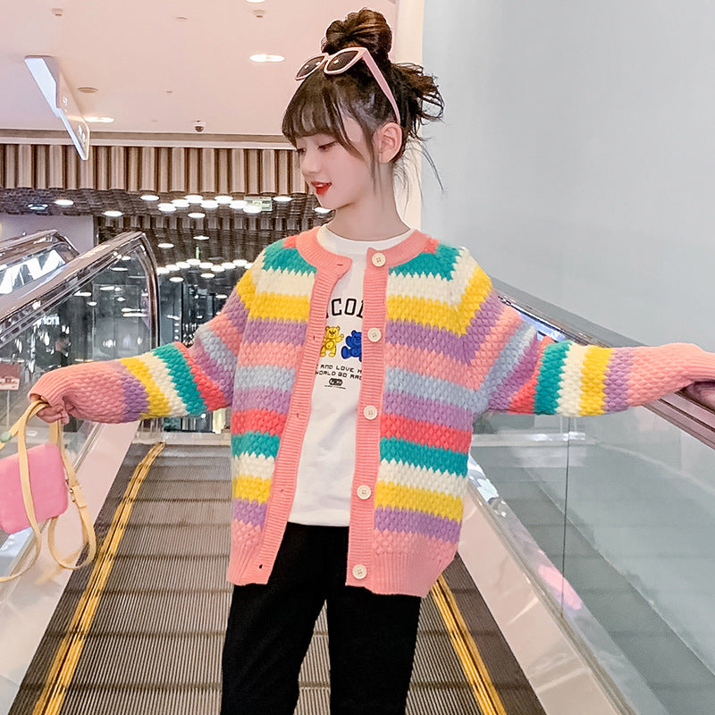 2024 autumn and winter girls cardigan sweater new rainbow knitted sweater for middle and large children loose Korean version with color