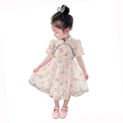 Girls summer short-sleeved cheongsam dress puff sleeve floral retro improved chiffon kindergarten ink painting Jiangnan small and medium children