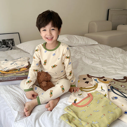 Children's A-type autumn and winter pajamas for boys and girls woolen pull-up home clothes for babies, small and large children, cartoon thermal underwear