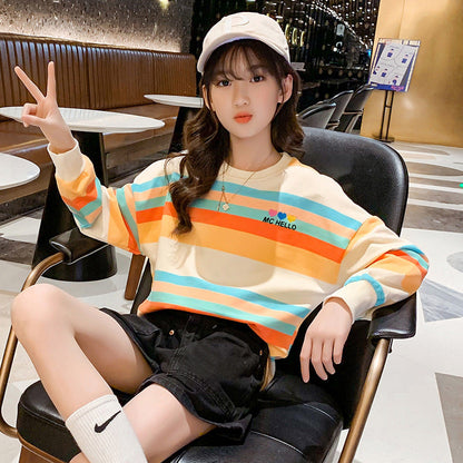 Girls Spring and Autumn Striped Top Pullover Elastic Loose Korean Style Color Stripes Medium and Large Children Rainbow Fat Large Edition Trendy