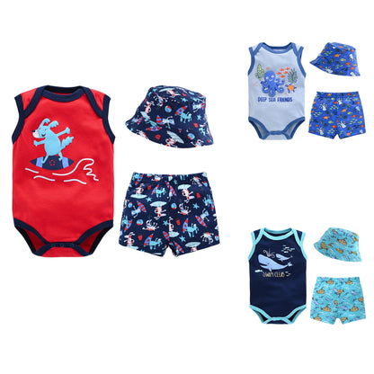 Children's clothing new 2024 summer children's sleeveless suit children's clothes romper shorts hat three-piece suit children's suit 