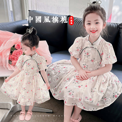 Girls summer short-sleeved cheongsam dress puff sleeve floral retro improved chiffon kindergarten ink painting Jiangnan small and medium children