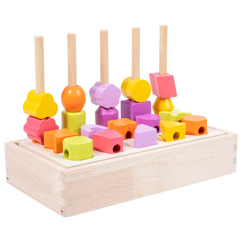 Children's wooden geometric shapes matching color cognition enlightenment beaded five-column set column building blocks educational toys