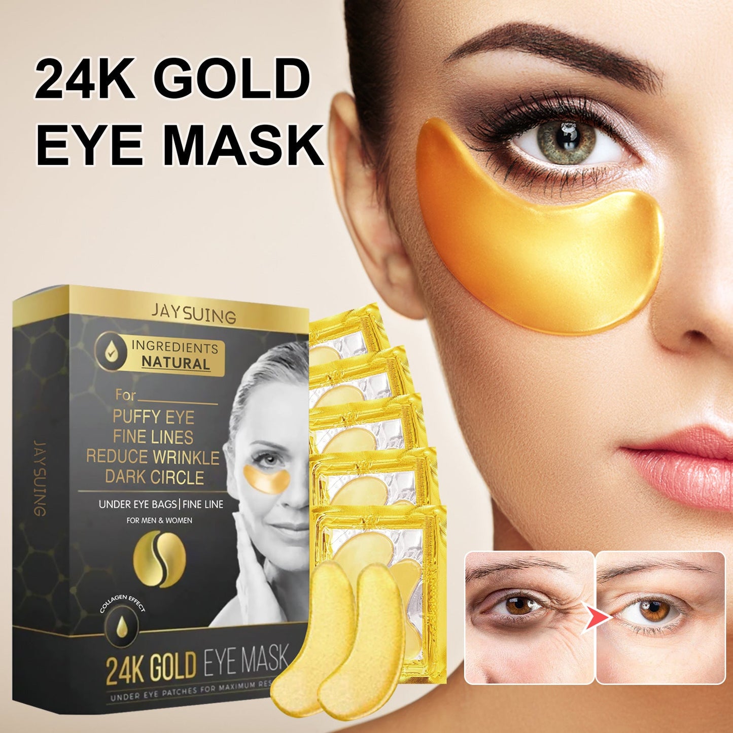 Jaysuing Gold Eye Mask 24k បំបាត់ស្នាមអុចខ្មៅ ផ្តល់សំណើម ផ្តល់សំណើម និងបន្តឹងស្បែកភ្នែក 