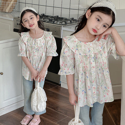 Children's summer floral shirt, pure cotton short-sleeved cotton top, Korean cardigan, fashionable summer vacation baby shirt, loose