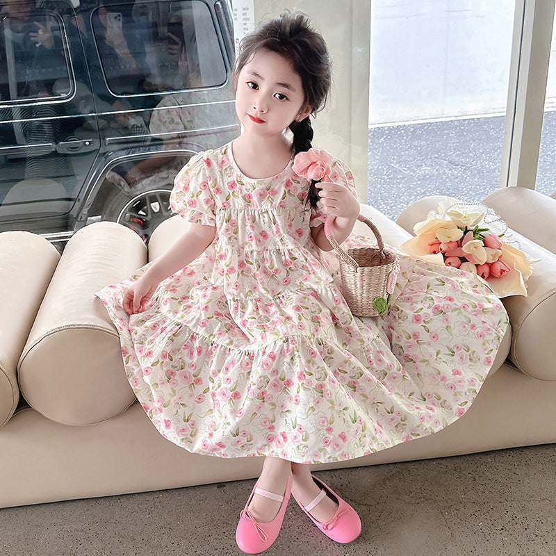 Girls Summer Cotton Floral Dress French Puff Sleeve Rose Loose Fat Cotton Doll Style Oil Painting Style