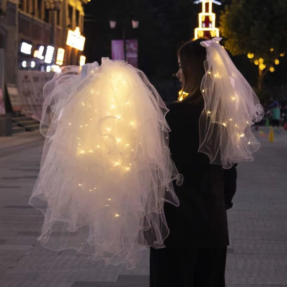 Night market with light luminous veil net celebrity photo props super fairy ribbon bow veil headdress soft yarn long female