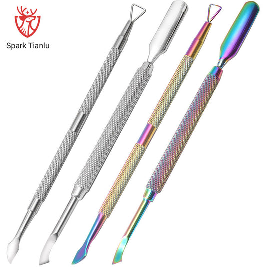 Cross-border hot selling steel push nail art small double head dead skin push triangle shovel nail remover planer steel push set decoration nail tool