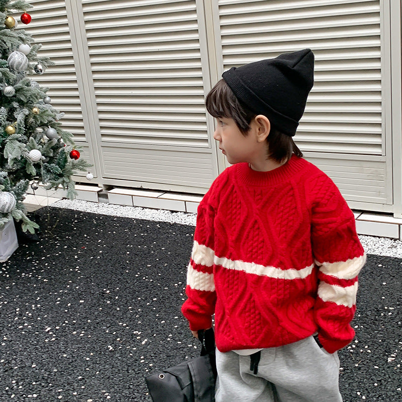 Amo Beibei 2023 Winter Children's Thickened Warm Contrast Color Sweater Boys and Girls Baby Christmas Twisted Sweater