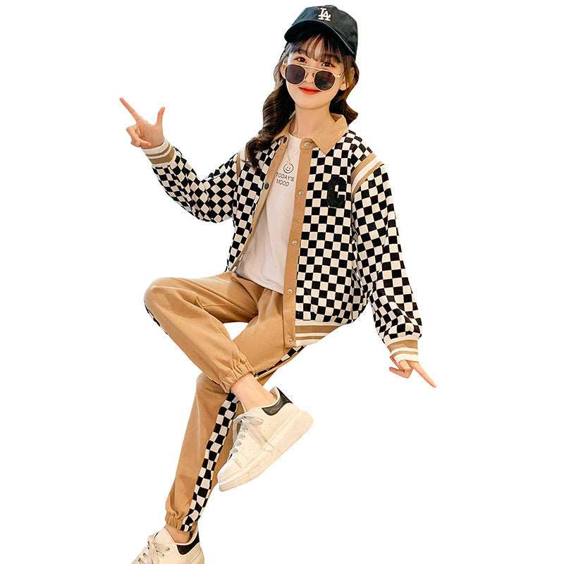 2024 new suits for middle and large children girls and boys checkerboard spring and autumn sports elastic loose baseball uniform two-piece suit