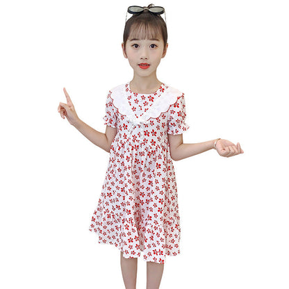 Summer children's pure cotton French palace puff sleeve dress short-sleeved floral princess middle and large children's stylish slim trend