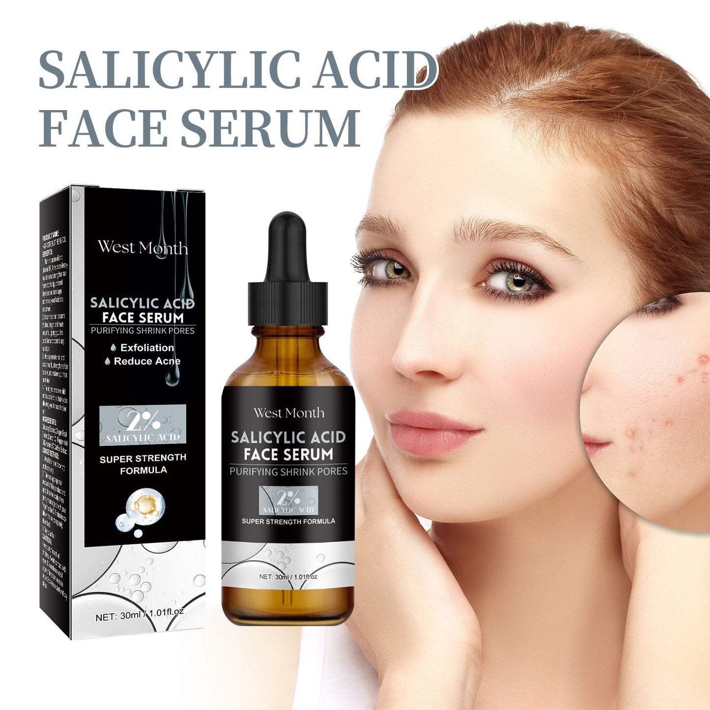 West Month Salicylic Acid Facial Essence, បាត់ស្នាមមុន, ជួសជុល, ផ្តល់សំណើម និងផ្តល់សំណើមដល់ស្បែកមុខ Essence 