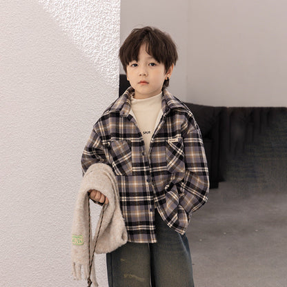 Amo Beibei children's versatile warm handsome plaid shirt boys and girls thickened Austrian grain velvet lapel top jacket