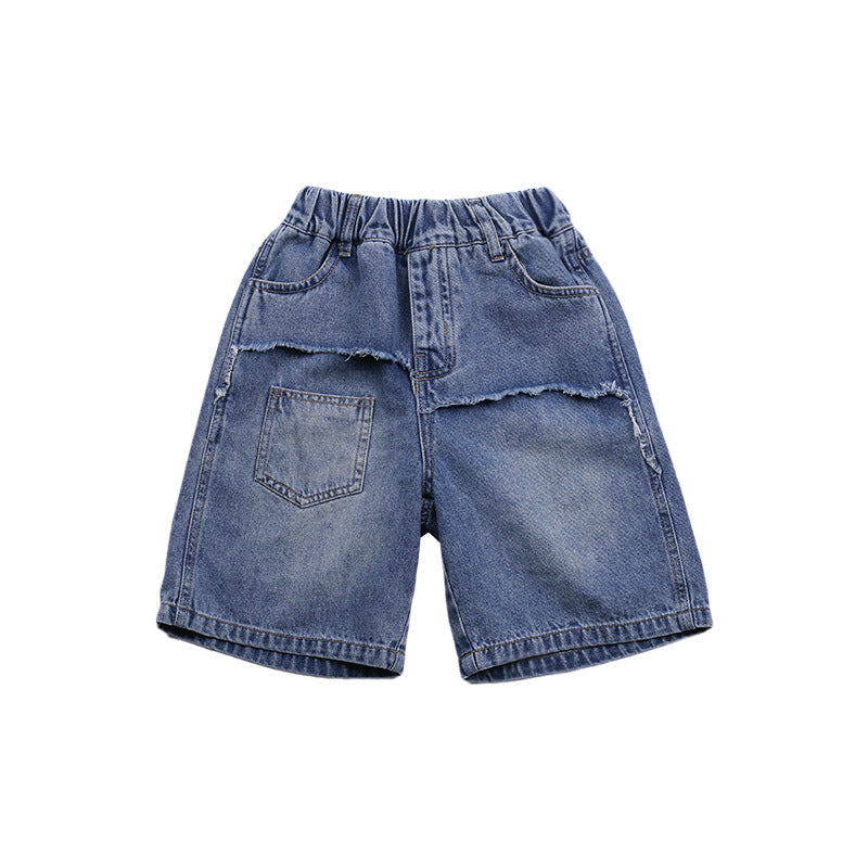 Elmo Beibei Children's 2024 Summer Edge Edge Pocket Bamboo Denim Shorts for Boys and Girls Sand Washed Cotton Splicing 5-5th Pocket