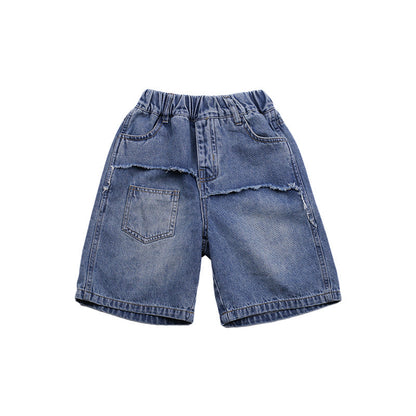 Amo Beibei children's 2024 summer raw edge pocket bamboo denim shorts for boys and girls sand washed cotton splicing shorts