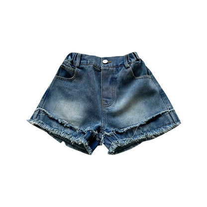 2024 Spring and Summer Boys and Girls Loose Retro Denim Shorts Trendy American Raw Edge Bai Matching Casual Wide Pants Children's Pants