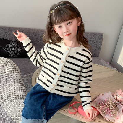 Girls Spring and Autumn Cardigan Sweater Striped Stripe Button Chanel Style Knitted Sweater Loose French Jacket