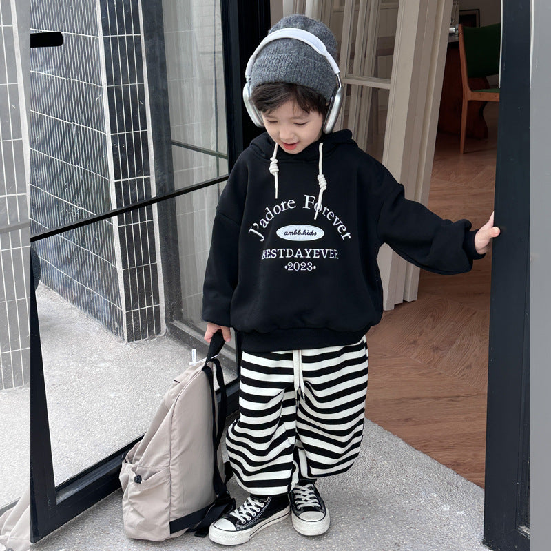 Amo Baby Children's 2023 Autumn and Winter Warm Sweatpants for Boys and Girls Baby Composite Aoliang Fleece Striped Drawstring Pants Trendy