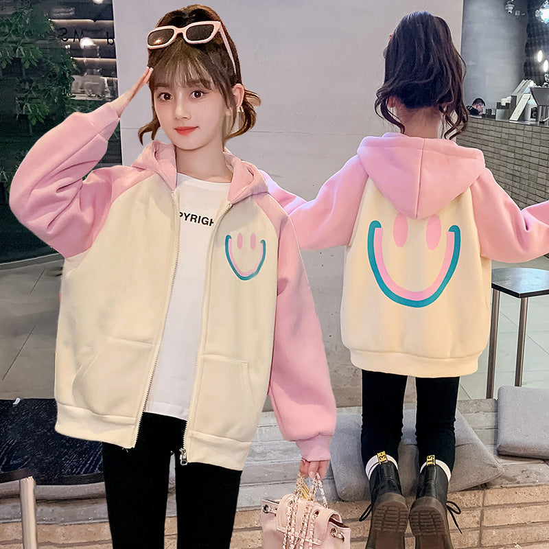 2024 autumn and winter new cardigan jacket for girls thickened double-layer hooded smiley face for middle and large children, elementary school students and kindergarten